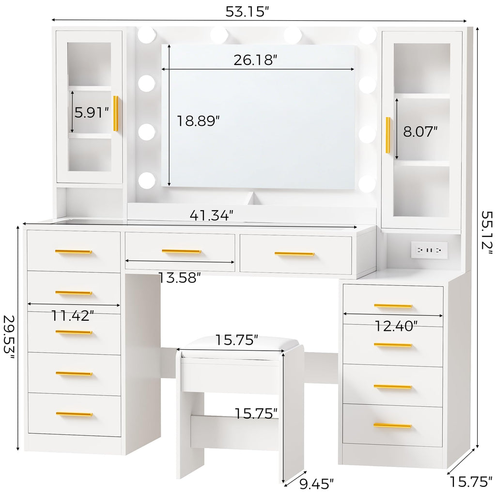 White Glass Top Vanity Desk with Mirror and Lights L604453