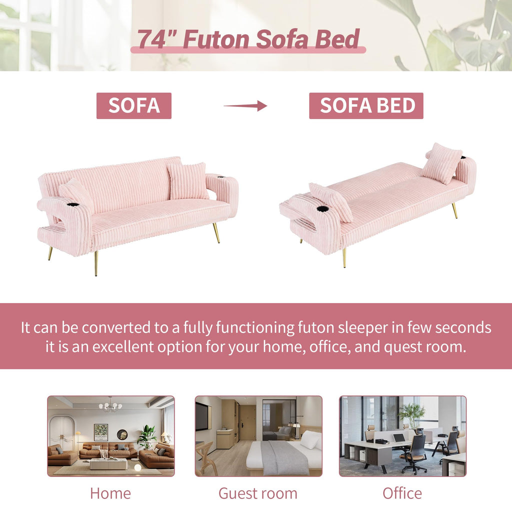 74" Pink Corduroy Convertible Sofa Bed with Cup Holder E184