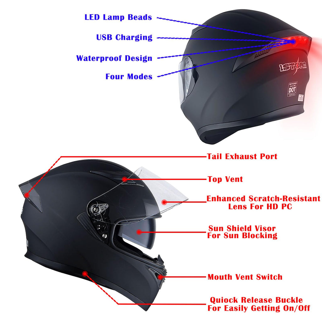 Full Face Motorcycle Helmet with LED Tail Light Matt Black S757127