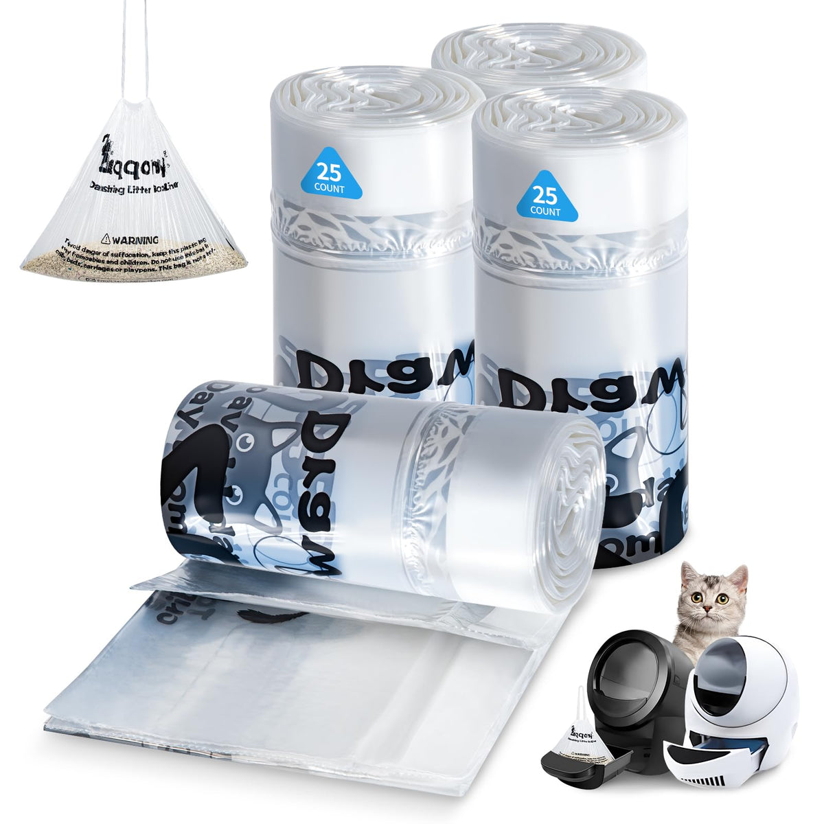 Litter Box Liners 100 Count Leak-Proof Drawstring Z72717