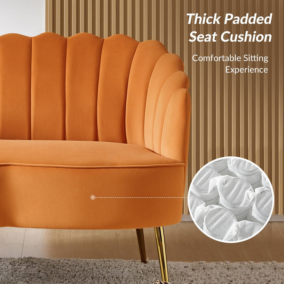 Orange Velvet 2-Seater Loveseat Sofa with Gold Metal Legs M209
