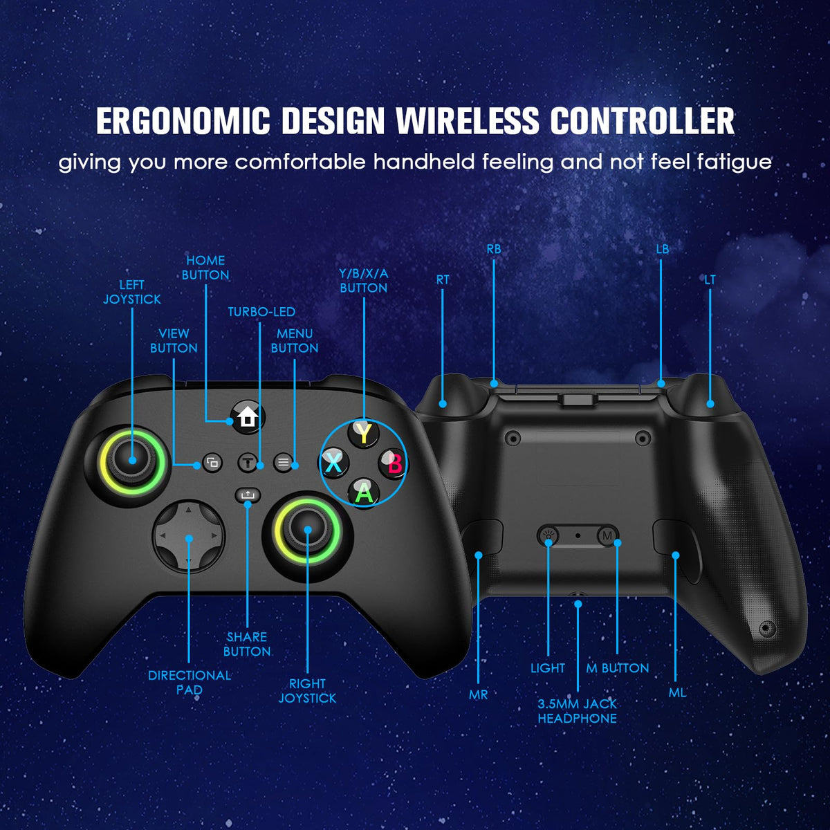 Wireless Controller with Hall Effect Joysticks, RGB Light, Dual Vibration, TURBO R815503