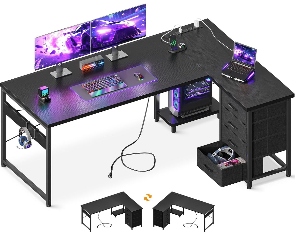 61" L Shaped Gaming Desk with 4 Drawers and Power Outlets, Black K912894