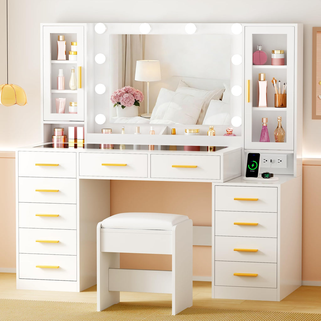 White Glass Top Vanity Desk with Mirror and Lights L604453