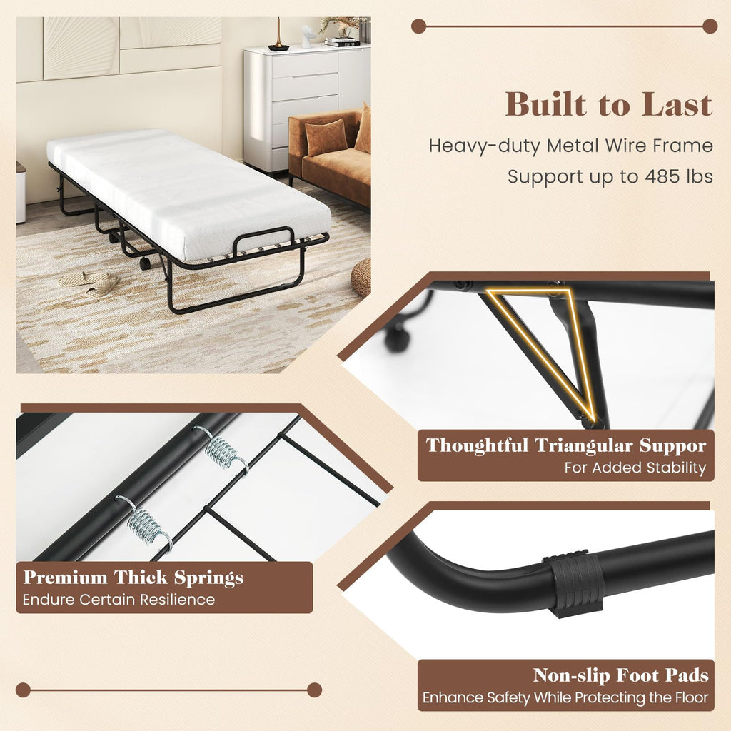 Folding Bed with Mattress, Cot Size Gel Memory Foam Metal Frame R94564