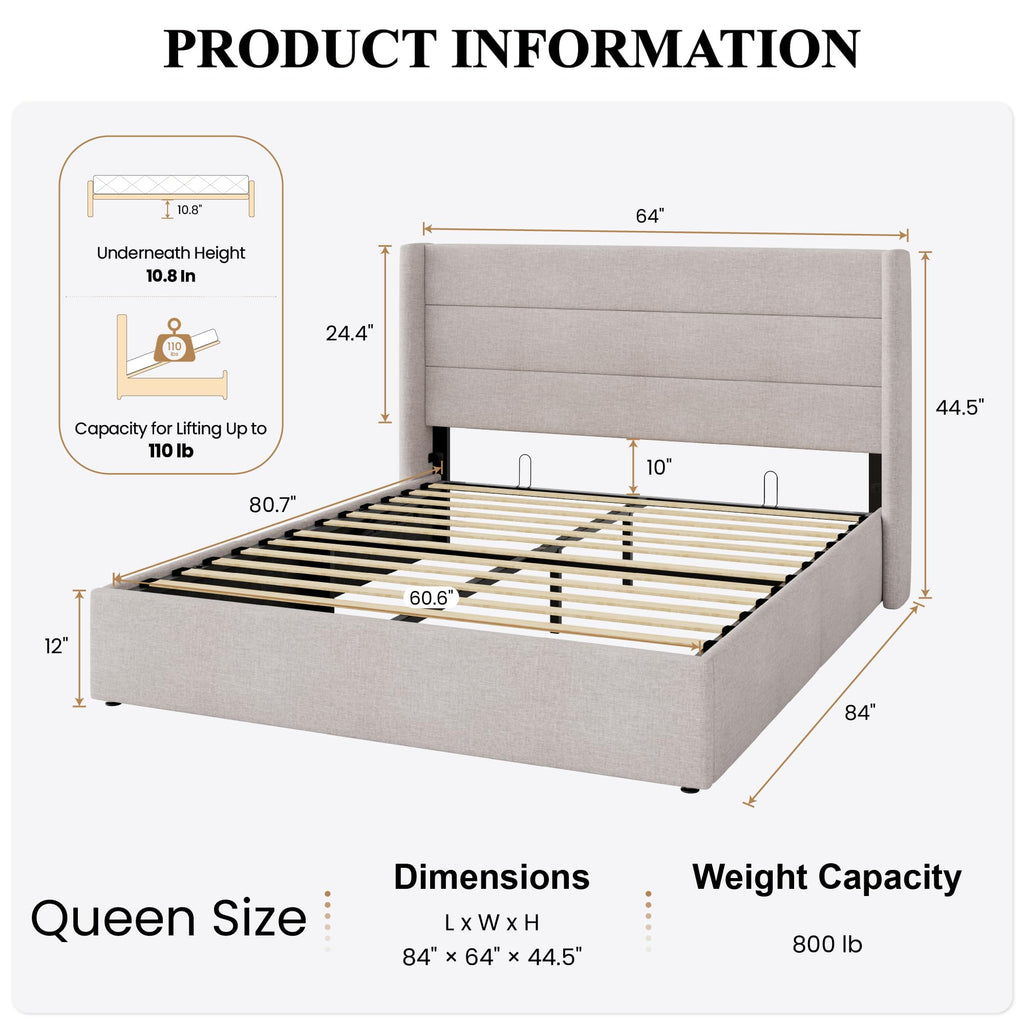 Queen Size Lift Up Hydraulic Storage Bed Frame Light Beige H231
