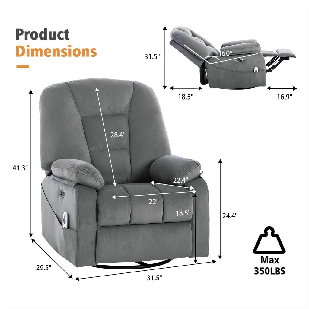 Velvet Grey Power Swivel Rocker Recliner with Massage and Heat W568