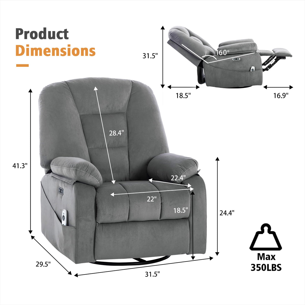 Velvet Grey Power Swivel Rocker Recliner with Massage and Heat W568