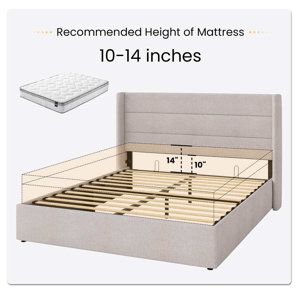 Queen Size Lift Up Hydraulic Storage Bed Frame Light Beige H231