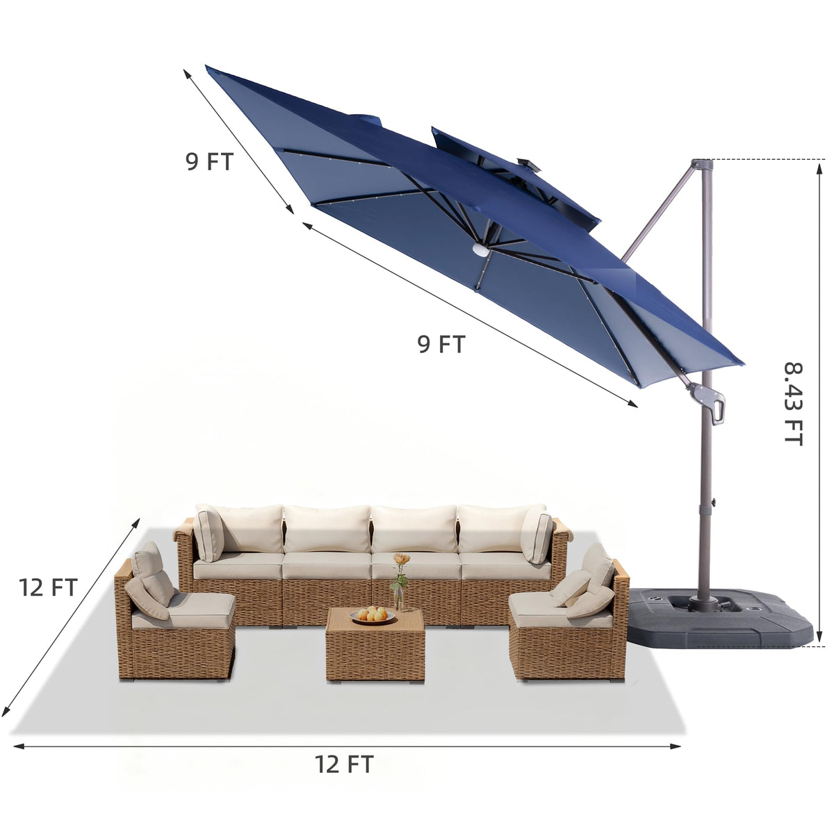 9x9 FT Cantilever Offset Patio Umbrella with Lights & Base R7635