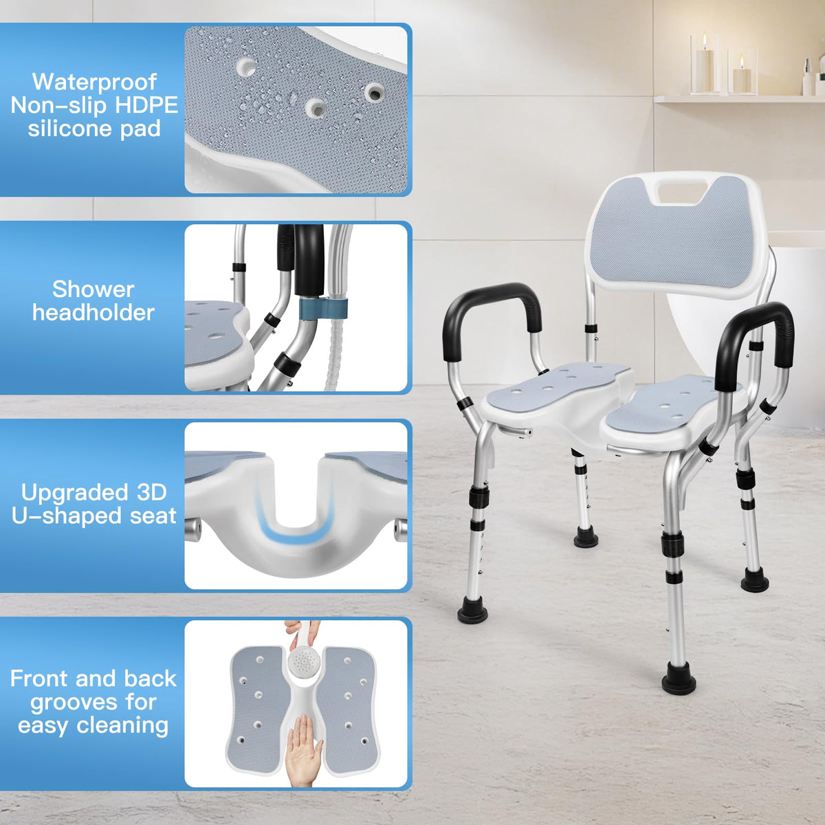 Shower Chair with U-Shaped Seat, Adjustable Height, 350 lb U52463