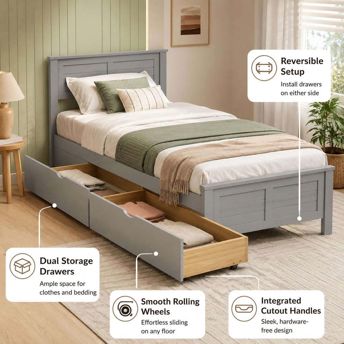 Wood Bed Frame with 2 Drawers & Headboard B480