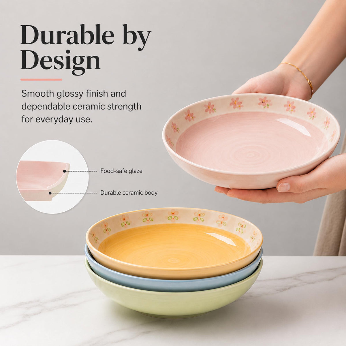 Hand-Painted Floral Ceramic Pasta Bowls Set of 4 C44701