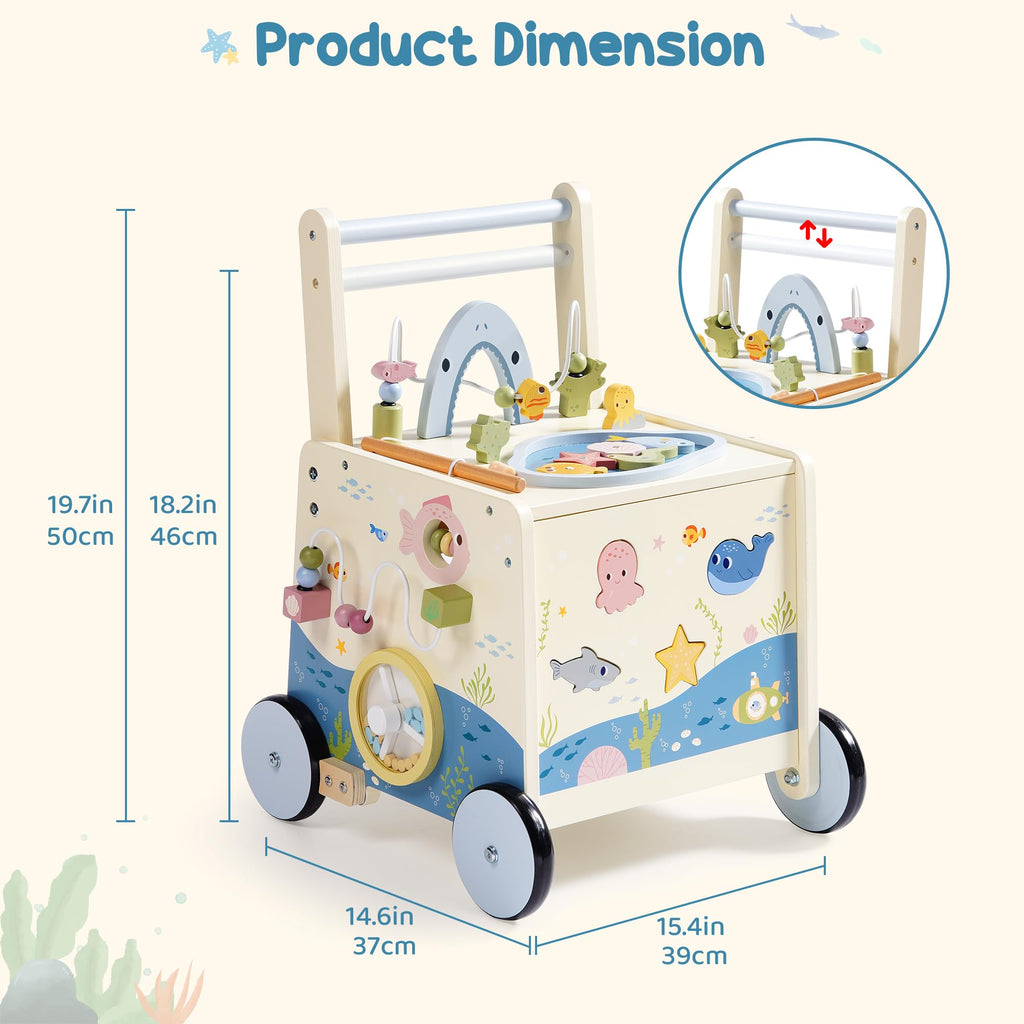 Wooden Baby Walker Push Toy with Fishing Game, Music, Storage W341