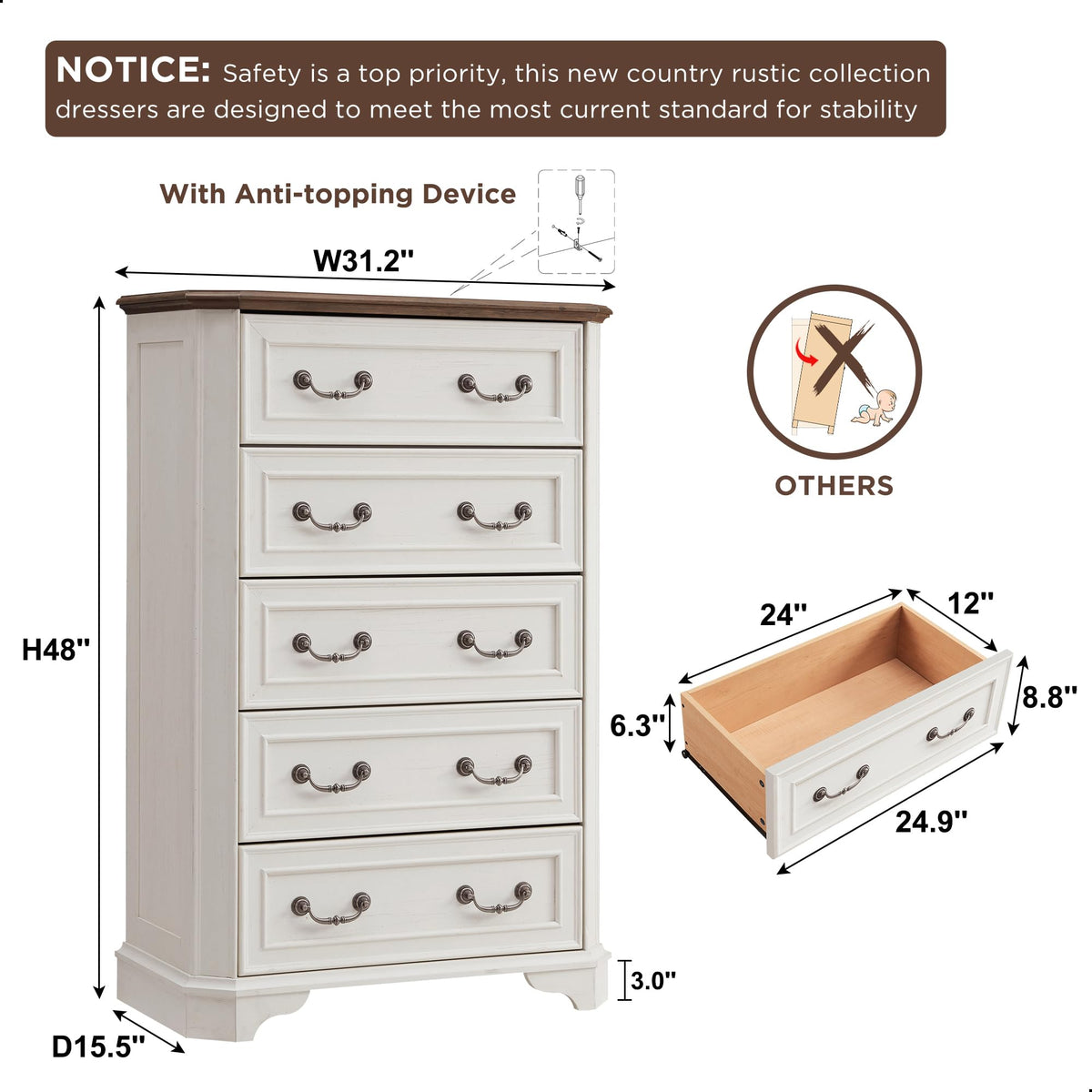 Antique White 5 Drawer Wood Dresser S7990