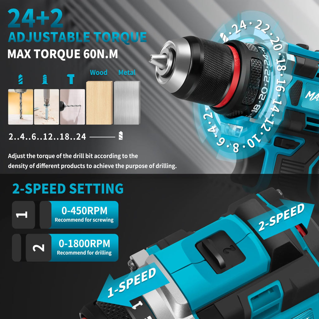 21V Brushless Cordless Drill with 2 Batteries & Charger O63413