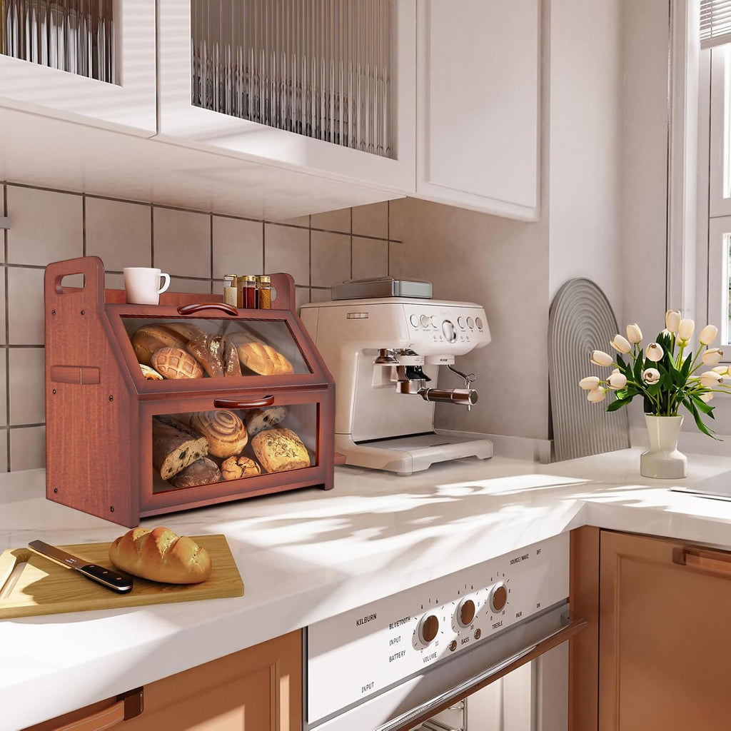 Large Double Layer Bamboo Bread Box with Clear Window B365884