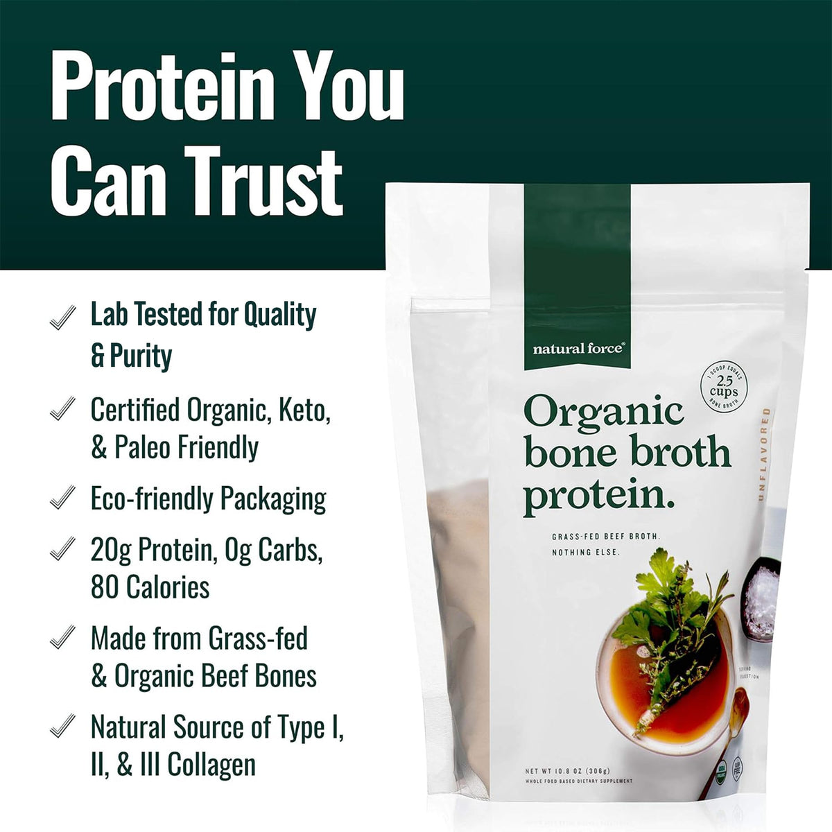 Organic Grass-Fed Unflavored Bone Broth Protein Powder 10.8 oz Q19225