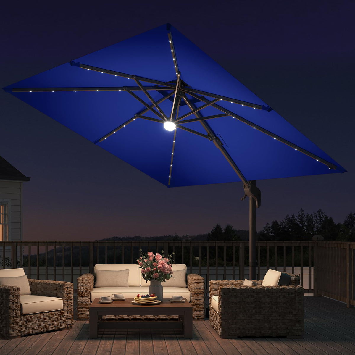 9x9 FT Cantilever Offset Patio Umbrella with Lights & Base R7635