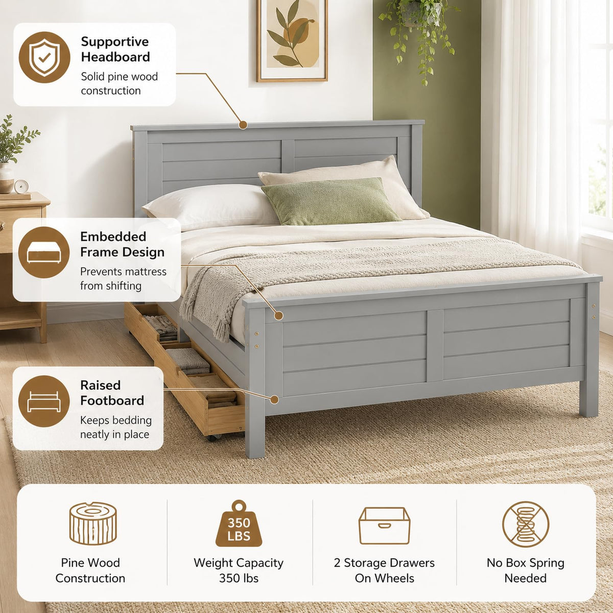 Wood Bed Frame with 2 Drawers & Headboard B480