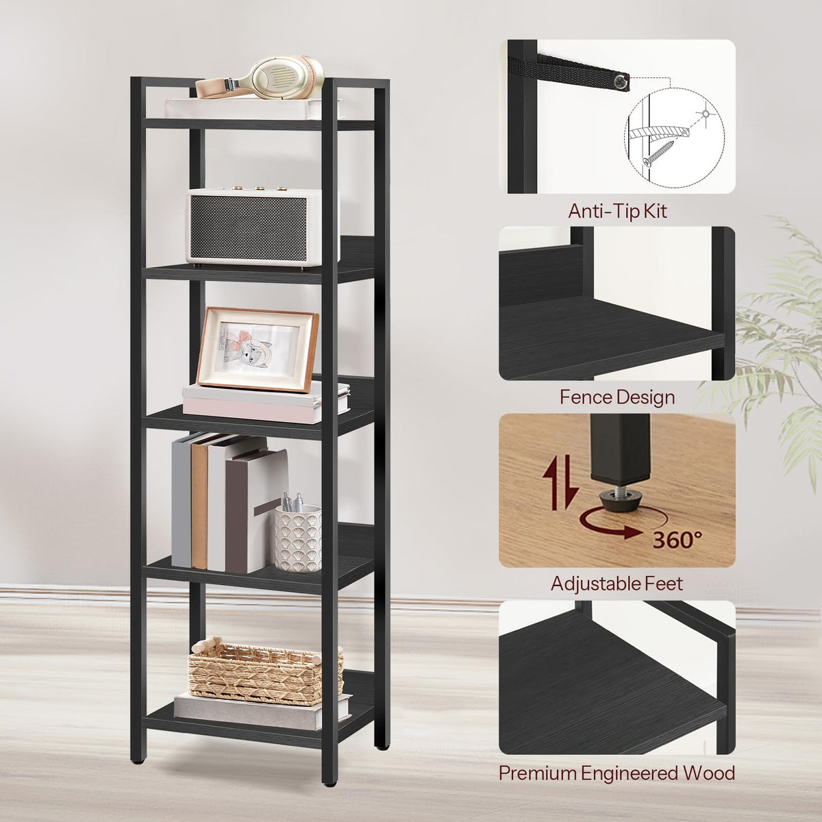 5-Tier Black Bookshelf X297