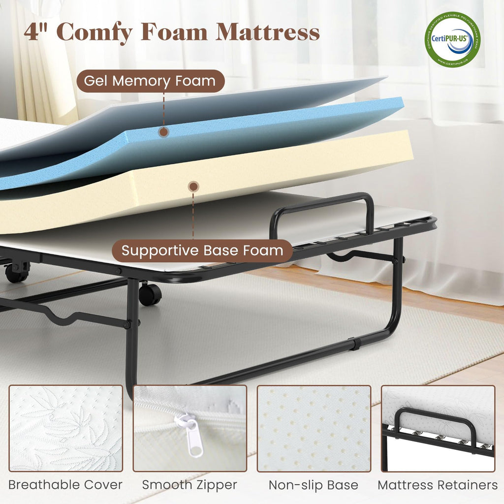 Folding Bed with Mattress, Cot Size Gel Memory Foam Metal Frame R94564