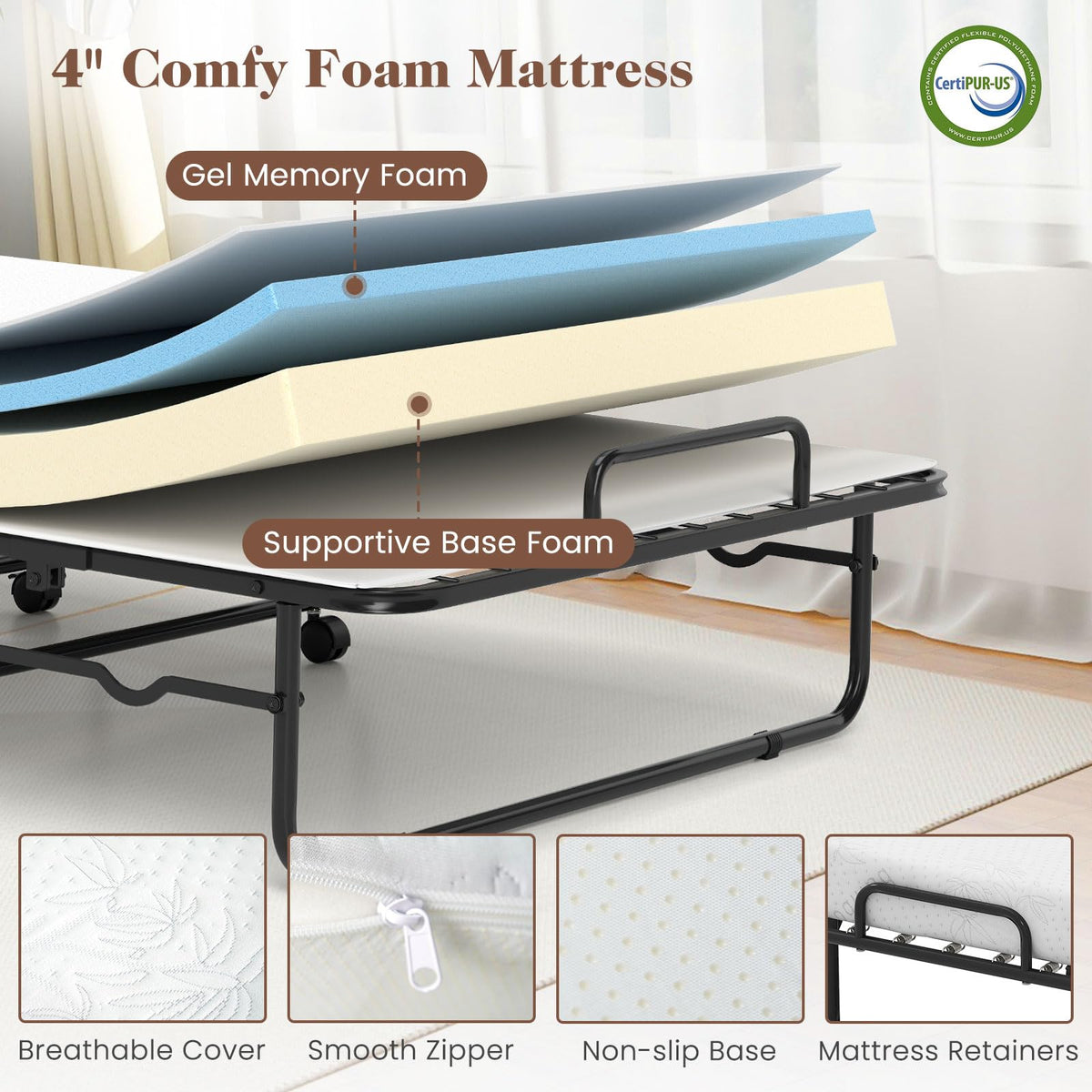 Folding Bed with Mattress, Cot Size Gel Memory Foam Metal Frame R94564