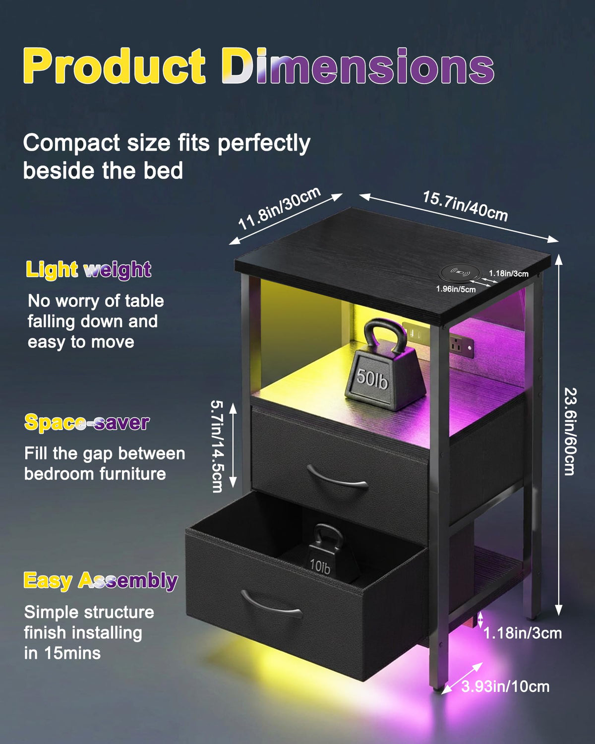 Black Smart Nightstand with Wireless Charging S8016
