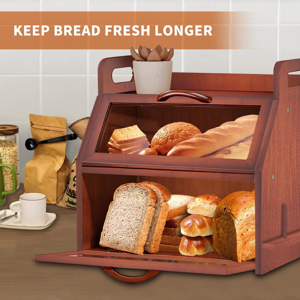 Large Double Layer Bamboo Bread Box with Clear Window B365884