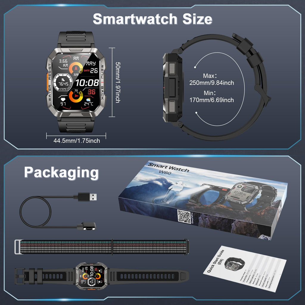 Smart Watch with Flashlight Compass Heart Rate SpO2 Sleep Monitor 2 Straps D4904