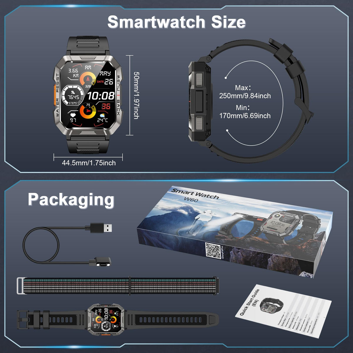 Smart Watch with Flashlight Compass Heart Rate SpO2 Sleep Monitor 2 Straps D4904