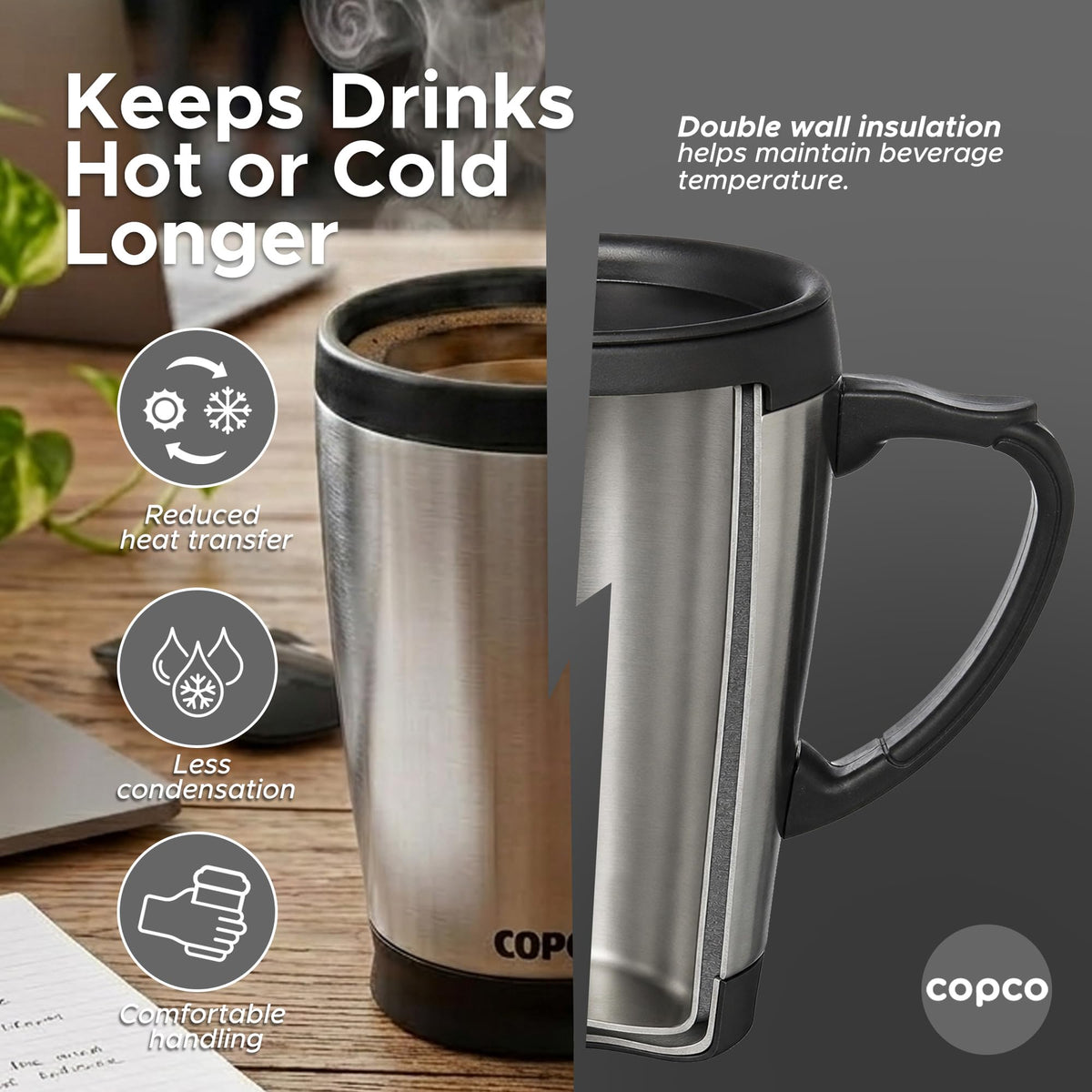 Double Wall Stainless Steel Coffee Mug with Lid 16 Oz Silver M5618