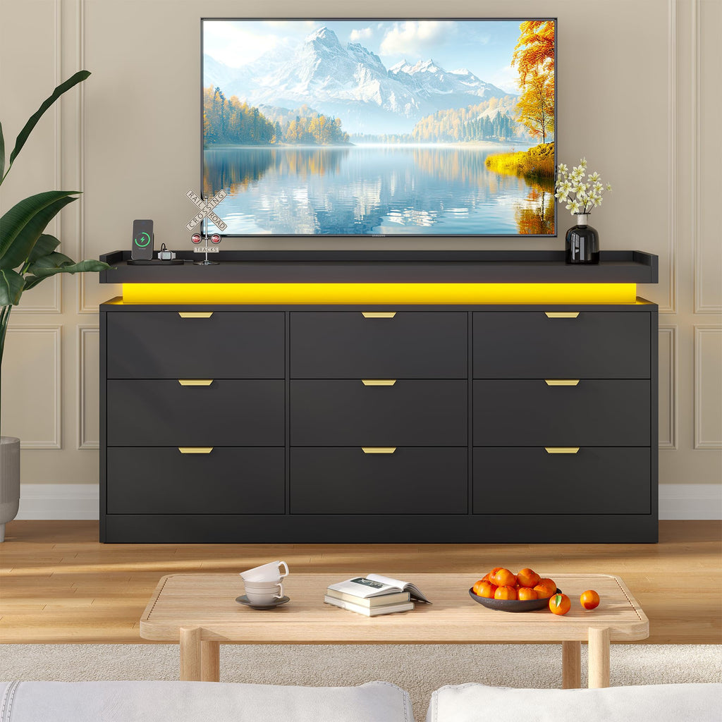Black 9 Drawer Wood Dresser with LED Lights and Power Outlet E9503