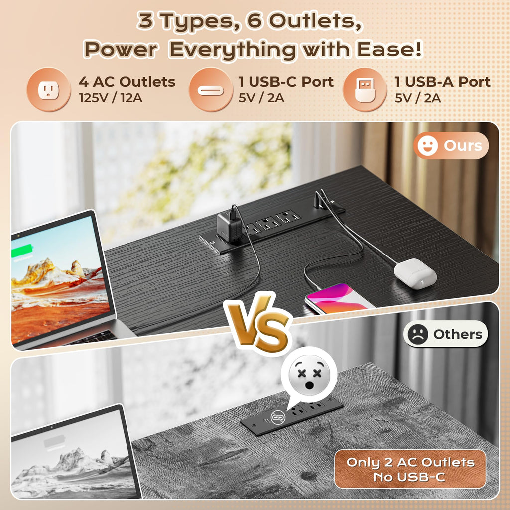 63 Inch L Shaped Desk with Power Outlets and USB-C Port, Black L92152