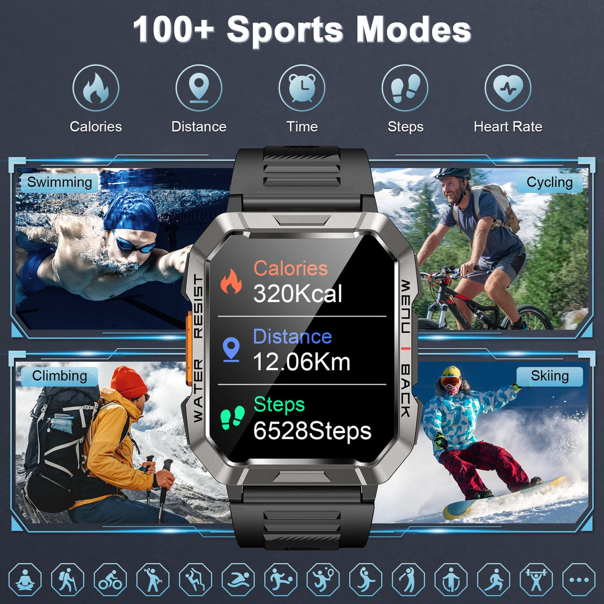 Smart Watch with Flashlight Compass Heart Rate SpO2 Sleep Monitor 2 Straps D4904