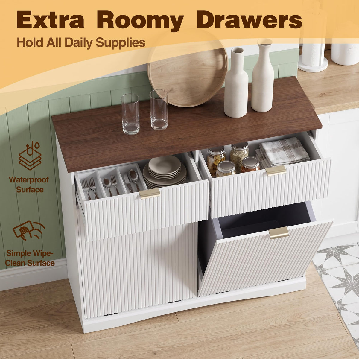 Double Tilt Out Trash Cabinet, 2x10 Gallon Fluted Hidden Laundry Hamper with Drawers, White and Dark Walnut S5731