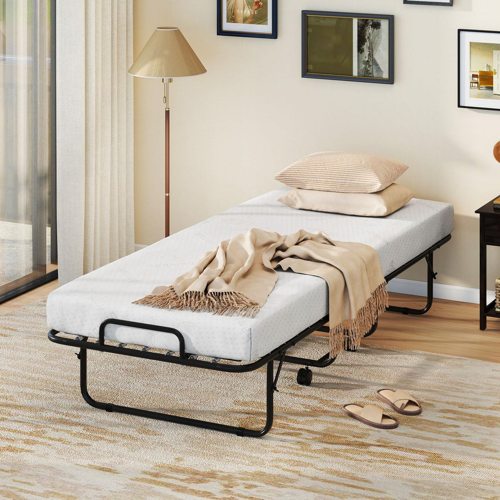 Folding Bed with Mattress, Cot Size Gel Memory Foam Metal Frame R94564