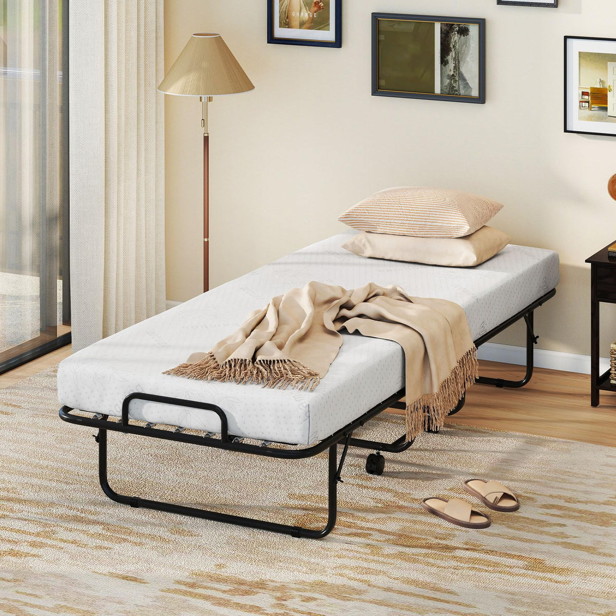 Folding Bed with Mattress, Cot Size Gel Memory Foam Metal Frame R94564