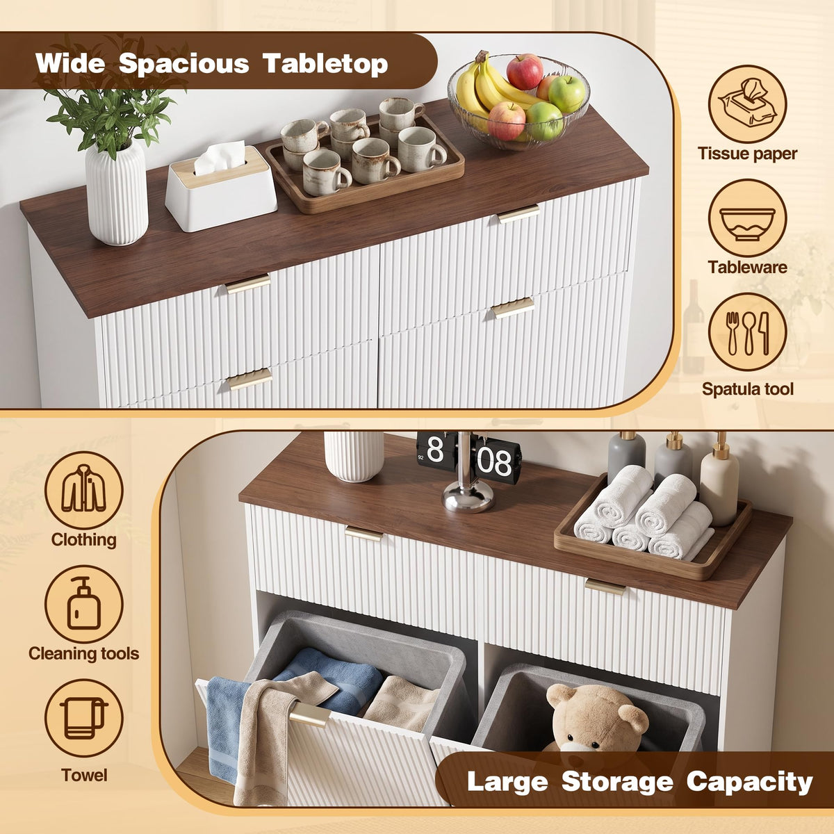 Double Tilt Out Trash Cabinet, 2x10 Gallon Fluted Hidden Laundry Hamper with Drawers, White and Dark Walnut S5731