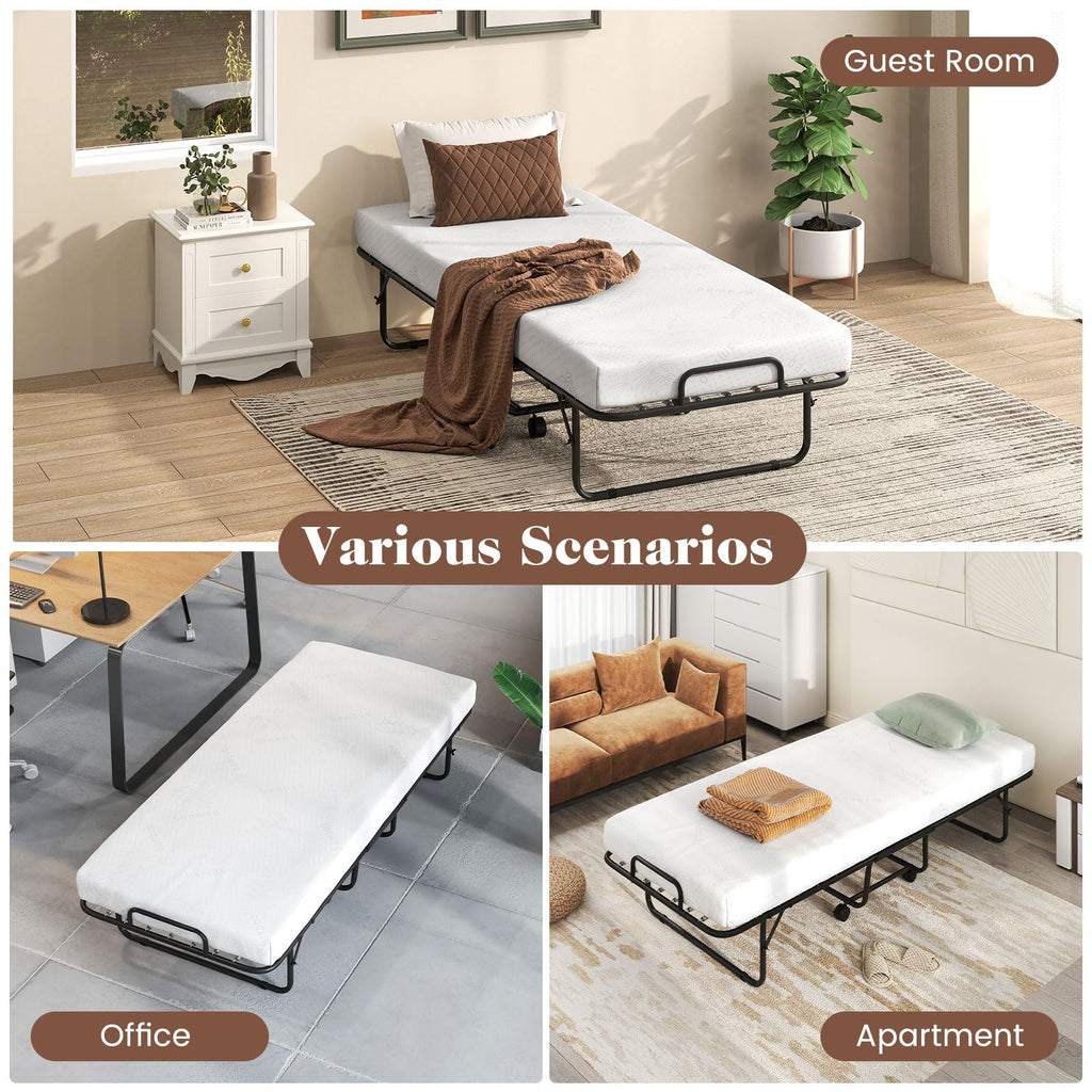 Folding Bed with Mattress, Cot Size Gel Memory Foam Metal Frame R94564