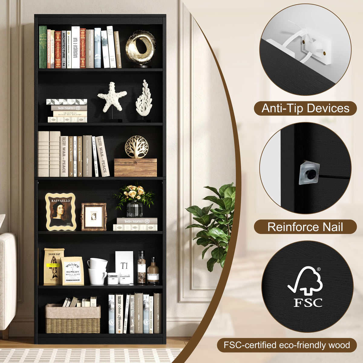 6-Tier Black Bookshelf R217