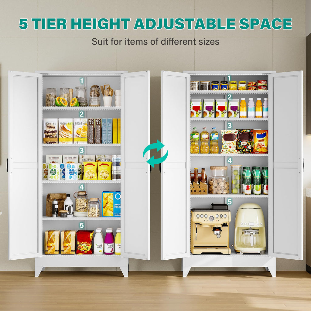75" Tall White Metal Pantry Cabinet with 2 Doors and 5 Shelves B73112