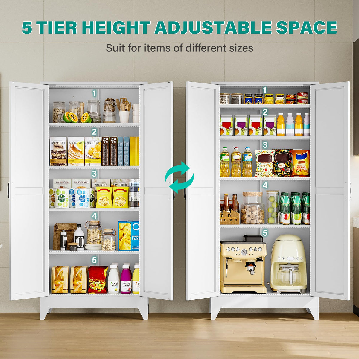 75" Tall White Metal Pantry Cabinet with 2 Doors and 5 Shelves B73112