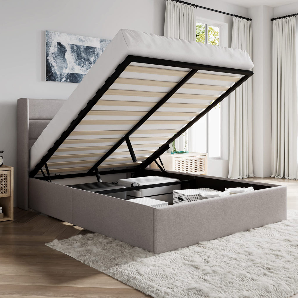 Queen Size Lift Up Hydraulic Storage Bed Frame Light Beige H231
