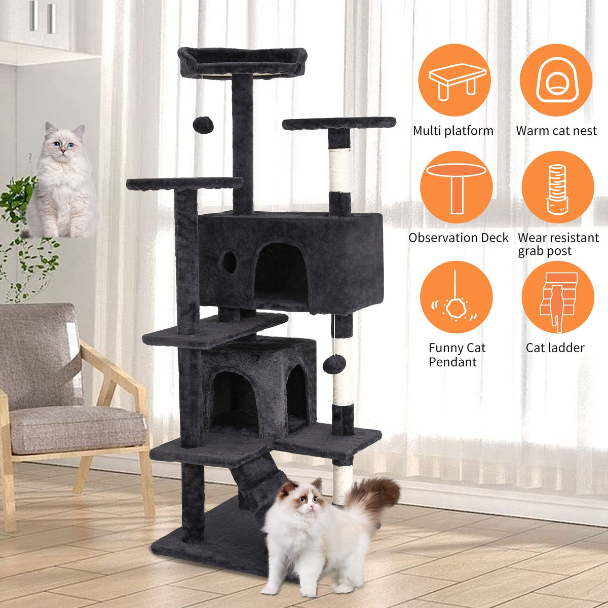 70 Inch Multi-Level Cat Tree with Scratching Post, Condo, Plush Perch P166090