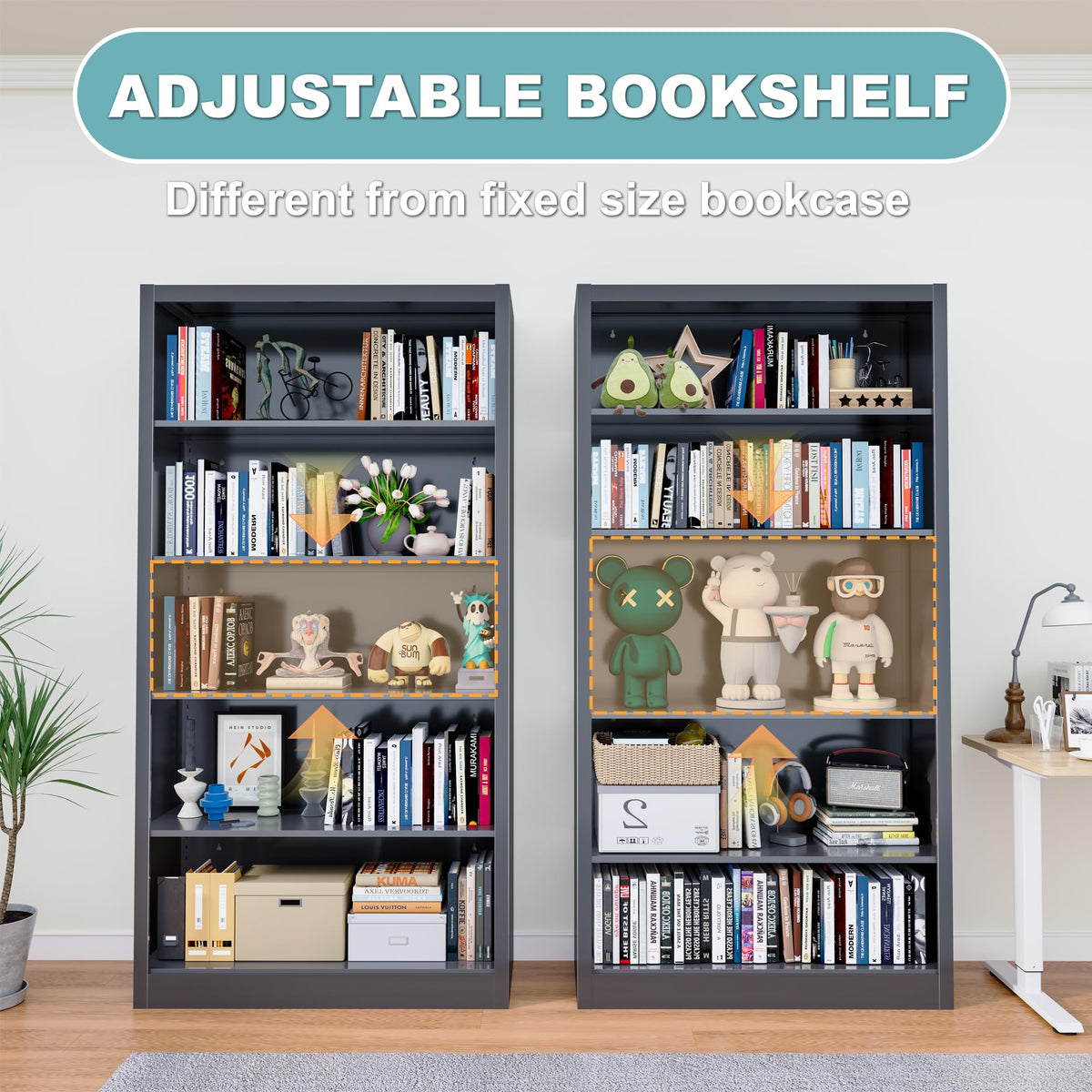 5 Tier Black Metal Bookcase with Adjustable Shelves X631884