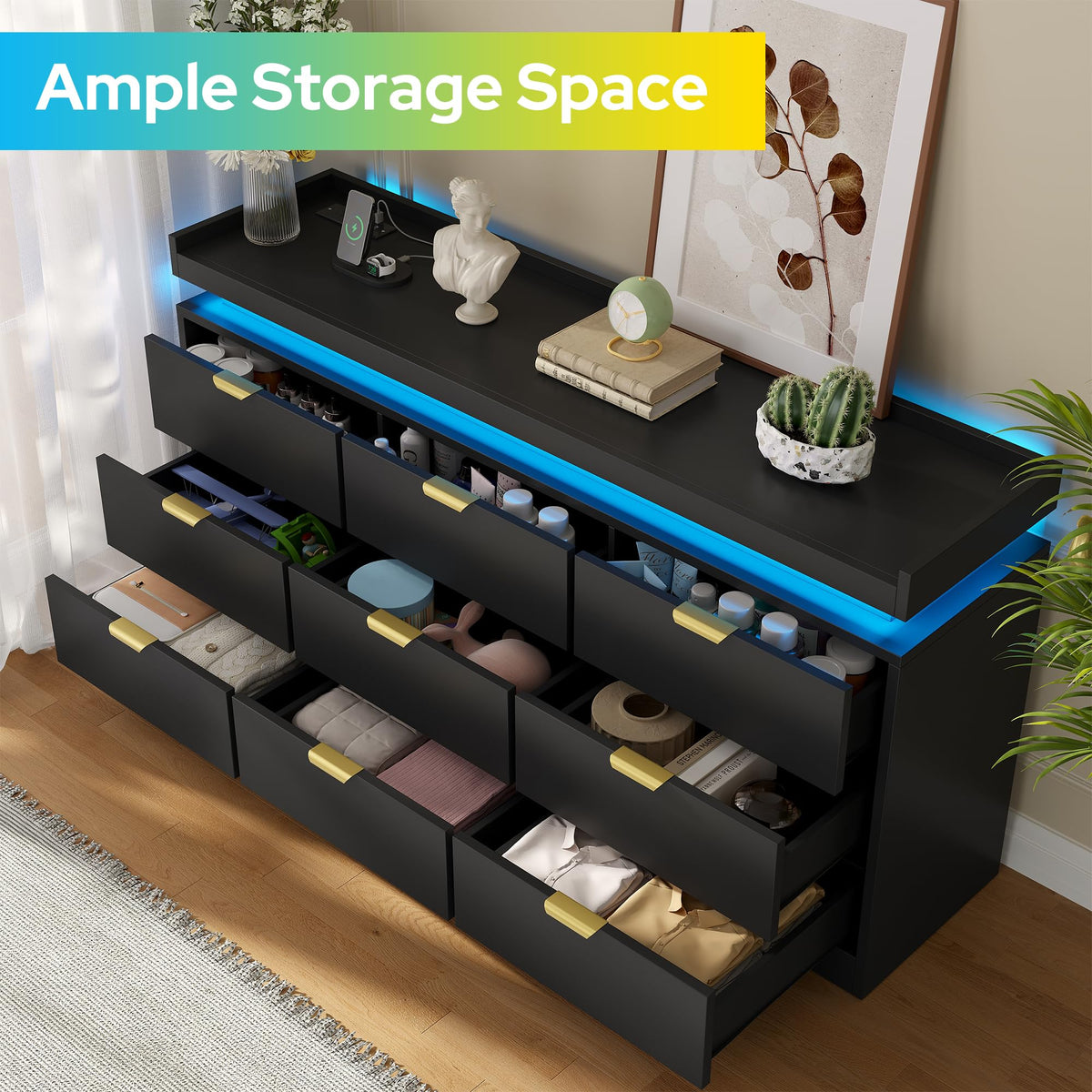 Black 9 Drawer Wood Dresser with LED Lights and Power Outlet E9503