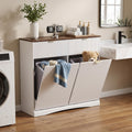 Double Tilt Out Trash Cabinet, 2x10 Gallon Fluted Hidden Laundry Hamper with Drawers, White and Dark Walnut S5731