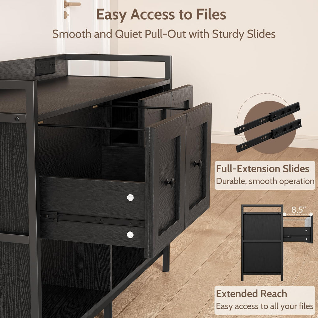 Black 2 Drawer Wood File Cabinet with Power Outlet J748