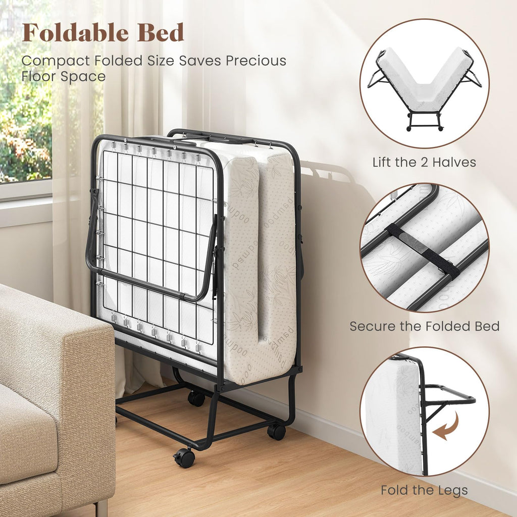 Folding Bed with Mattress, Cot Size Gel Memory Foam Metal Frame R94564
